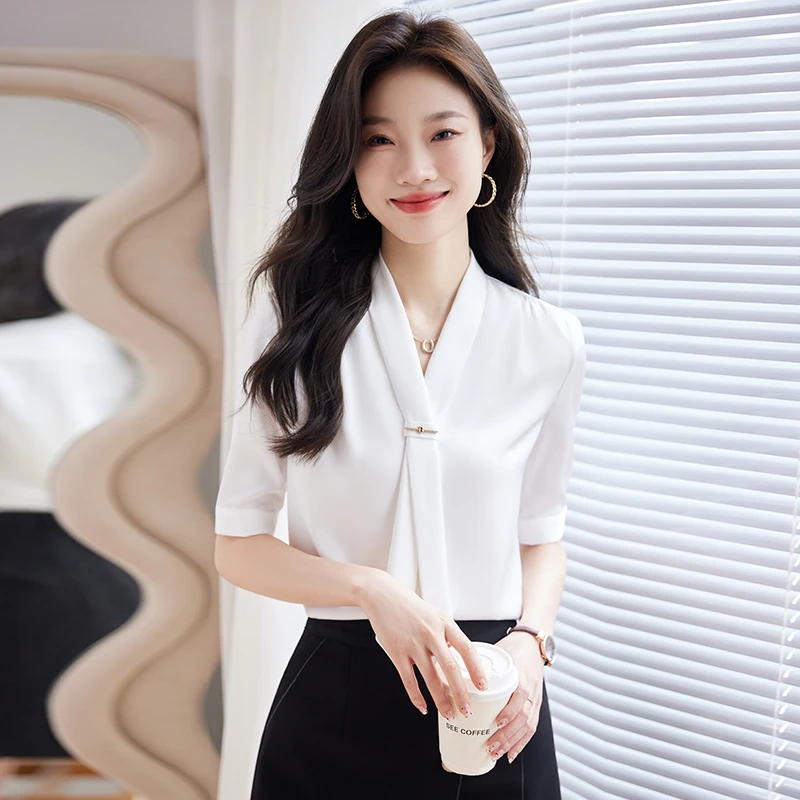 飘带短袖白色衬衫女两件套夏季薄款雪纺职业装半袖衬衣工作服套装