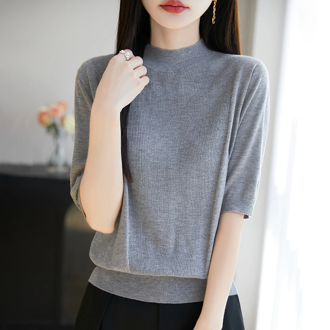 大码女装夏装胖mm冰丝针织衫女士短袖t恤遮肚子巨显瘦半高领上衣