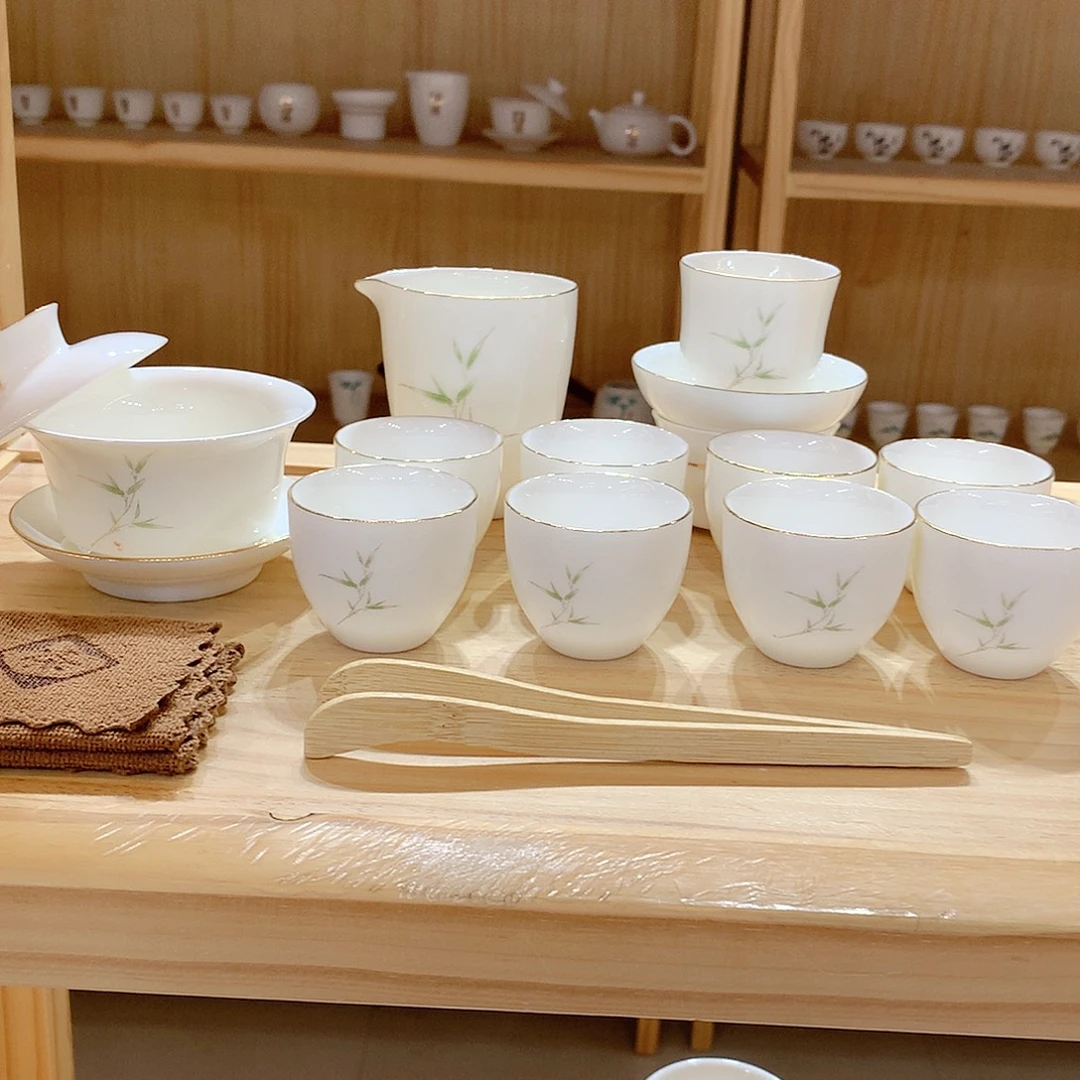 羊脂玉瓷竹报平安15件套功夫茶具