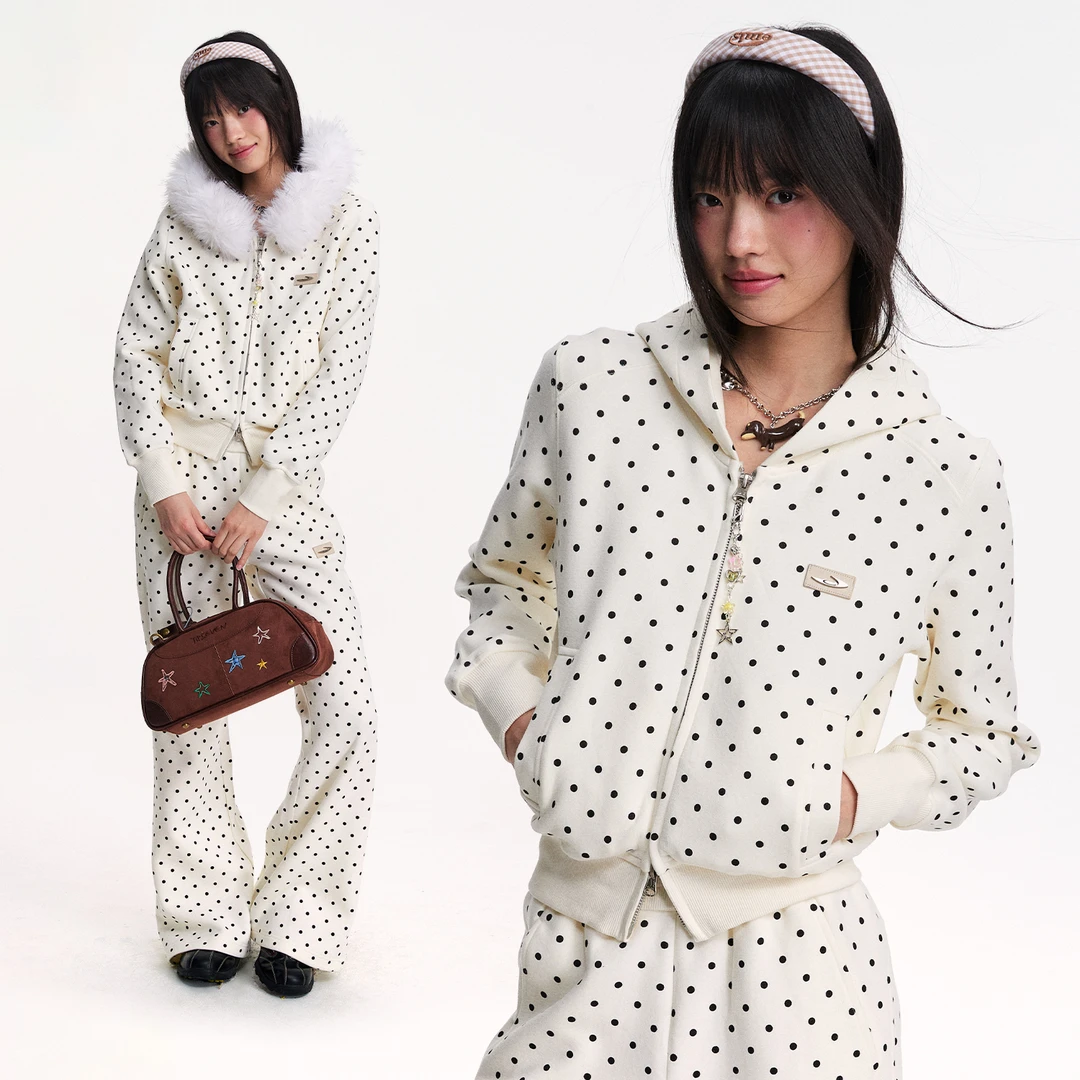 江南先生NewJNXS波点可拆毛领短款修身开衫卫衣时尚休闲百搭外套