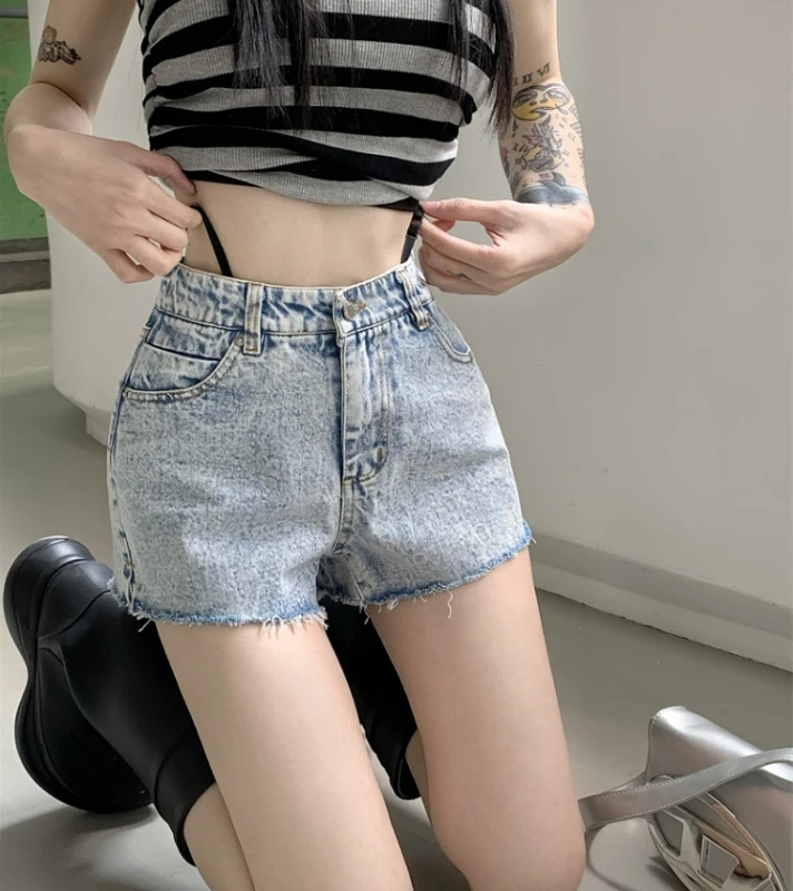 5783 宽松阔腿显瘦百搭直筒绑带牛仔短裤