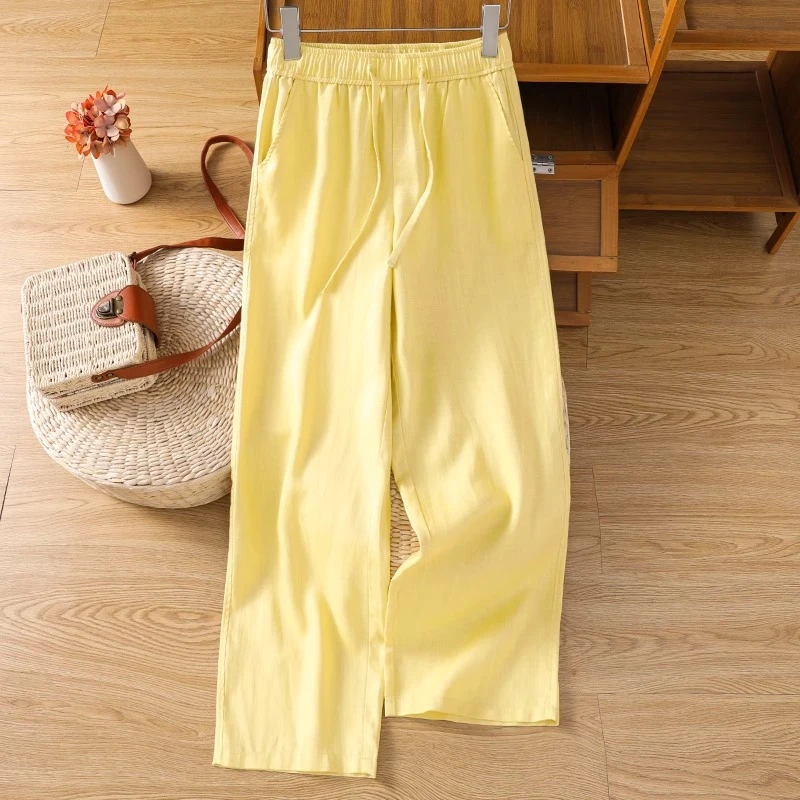 黄色亚麻阔腿裤女夏季薄款2025新款高级感天丝棉麻九分裤直筒裤子