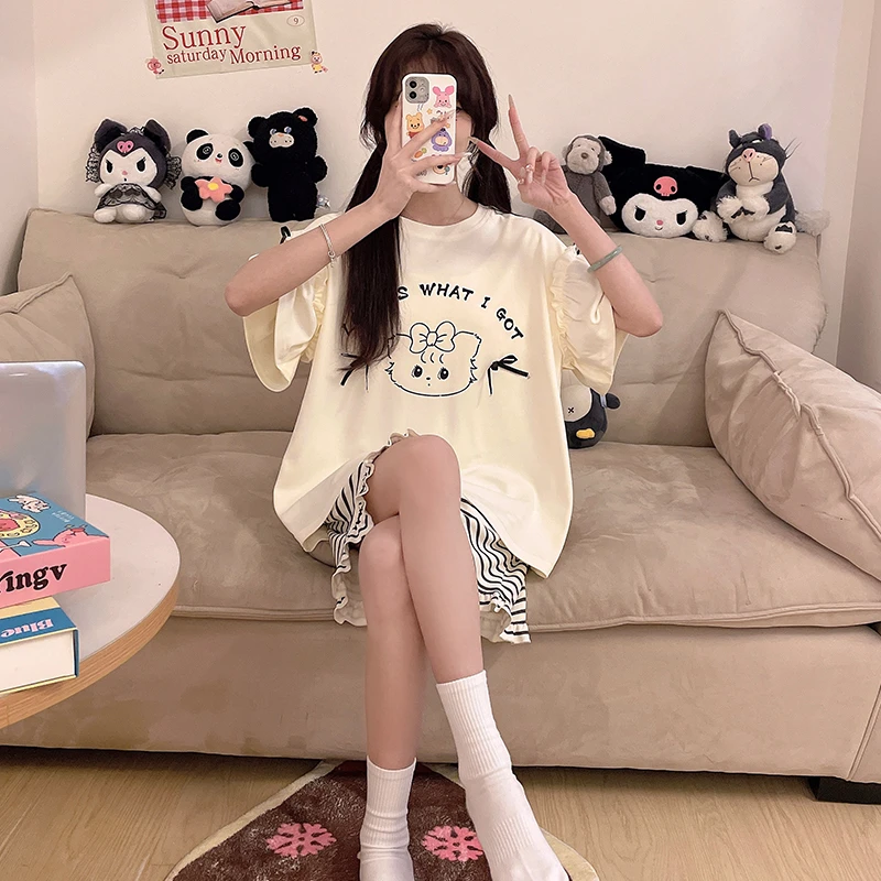 夏季睡衣女款2025新款可爱卡通条纹夏天短袖学生可外穿家居服套装