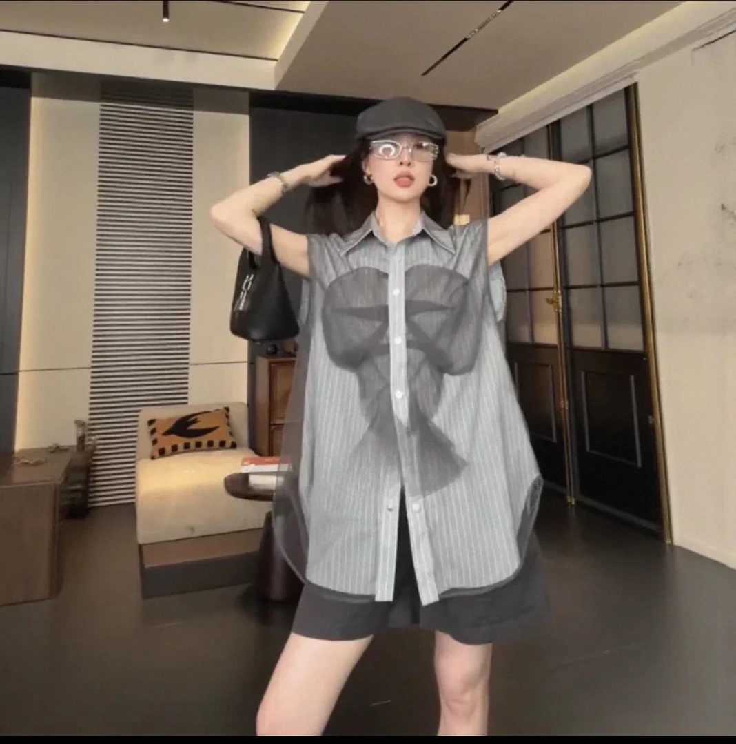 法式设计感网纱拼接无袖条纹衬衫女夏季气质通勤宽松显瘦背心上衣