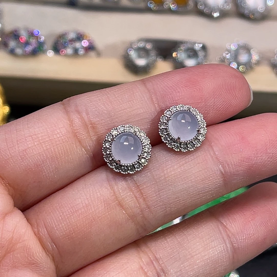 翡翠18K金镶嵌耳饰紫蛋