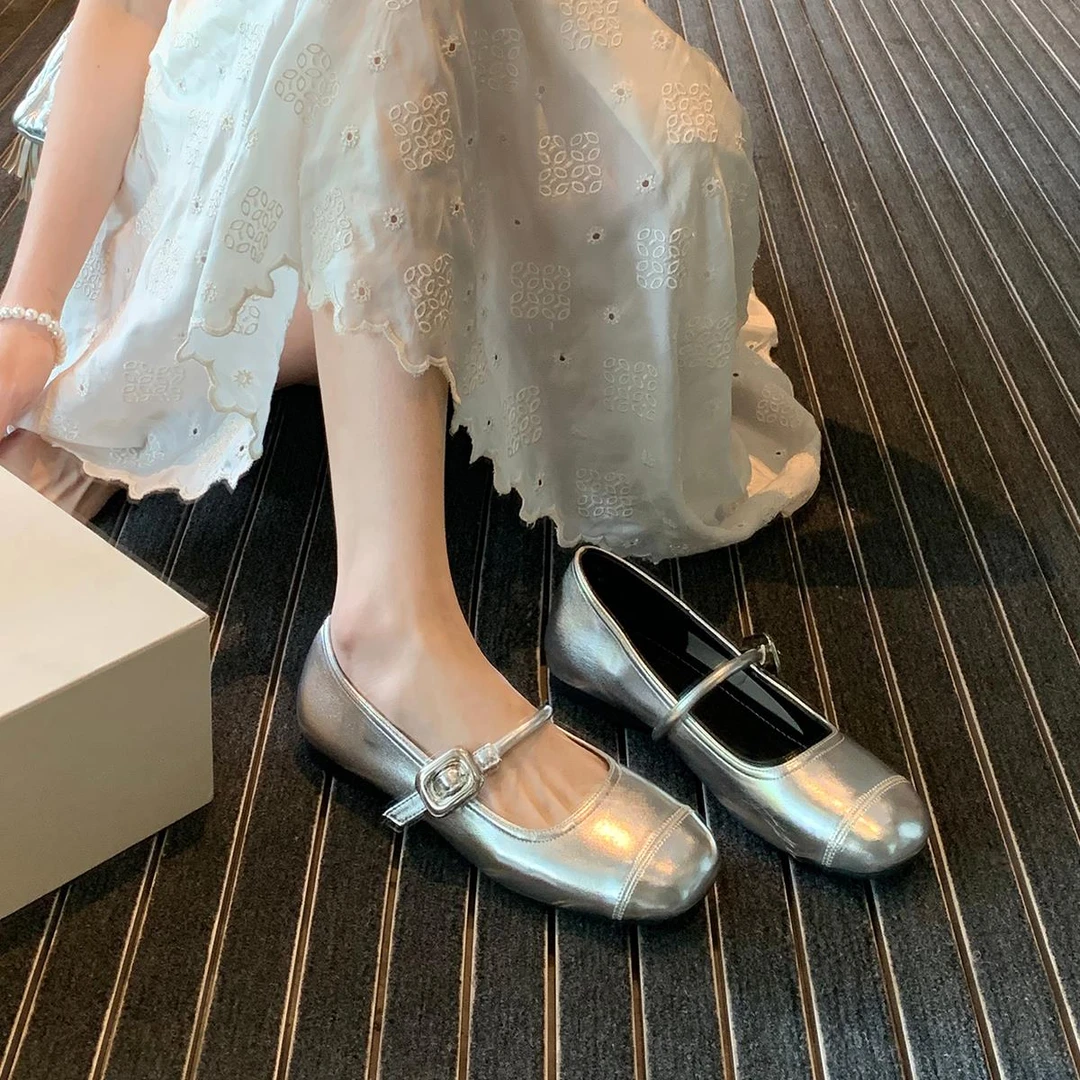 羊皮版~内增高银色法式复古玛丽珍鞋女一字带芭蕾舞鞋浅口单鞋子