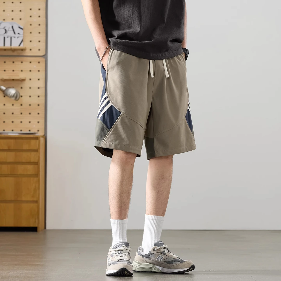 美式速干运动休闲短裤男夏季宽松潮流拼接薄款透气弹力五分裤子男
