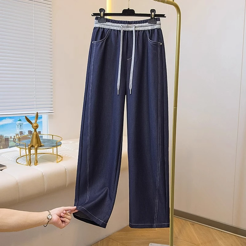 今年流行春夏季薄款天丝牛仔裤女2025抽绳松紧腰高腰直筒显瘦裤子