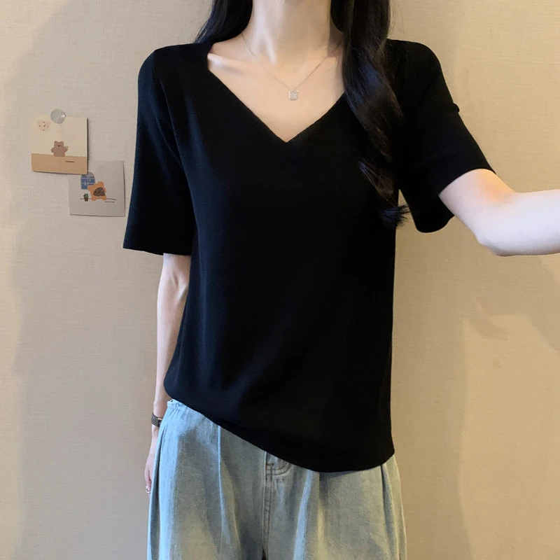 大码女装遮肚子V领正肩冰丝短袖针织衫夏季胖mm宽松显瘦薄款上衣