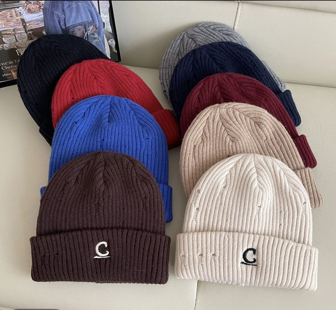 2025新款秋冬c字母刺绣破洞针织帽保暖粗针织毛线帽百搭显脸小潮