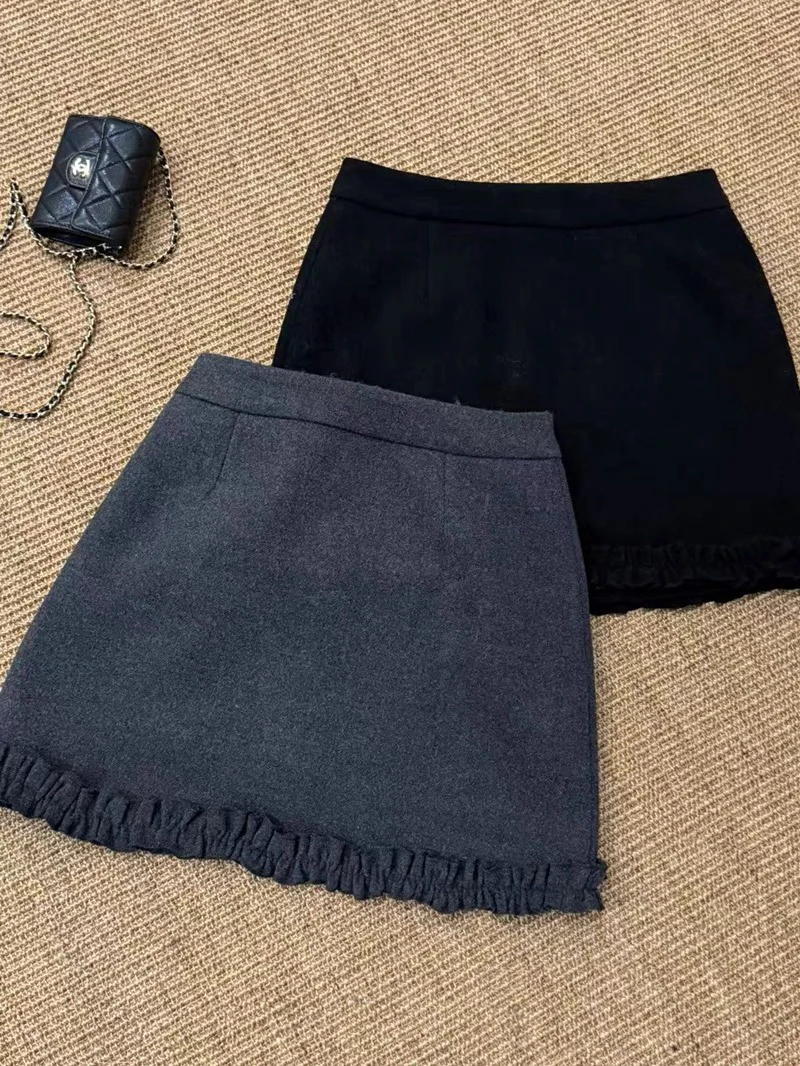 ［俪宝］法式新韩版高腰百搭修身显瘦时尚包臀木耳边短裙 洋气A字