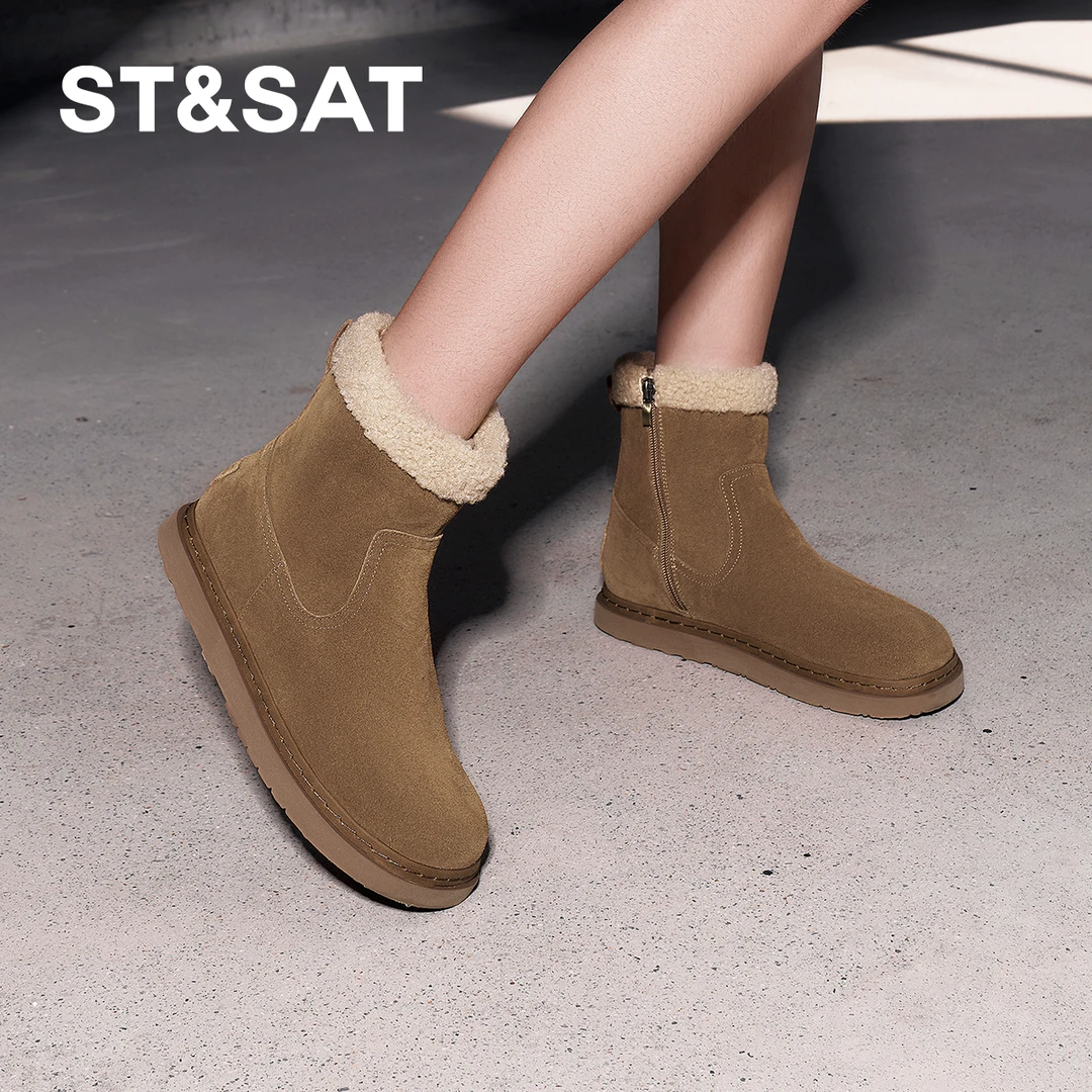 【舒适保暖】星期六加绒雪地靴女款冬季新款平底舒适真皮毛毛棉鞋子