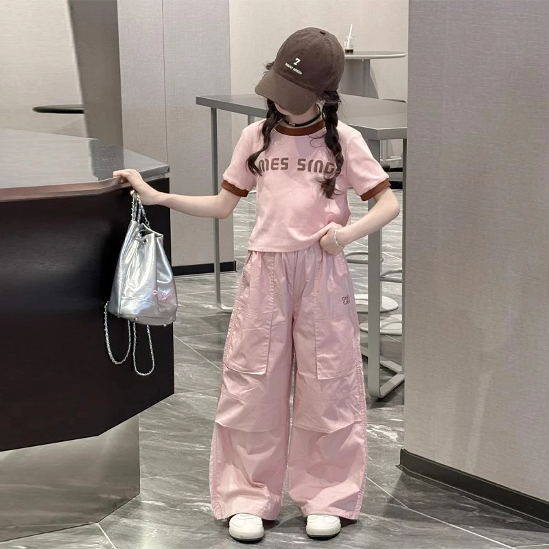 女童夏季套装2025新款洋气大童短袖工装裤夏装儿童薄款阔腿潮款