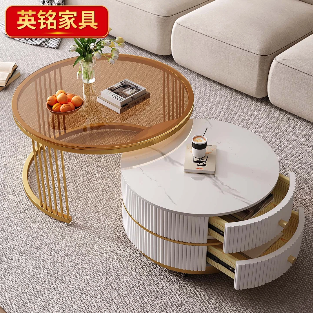 双层轻奢现代简约客厅家用小户型2025中古风北欧奶油风岩板圆形桌