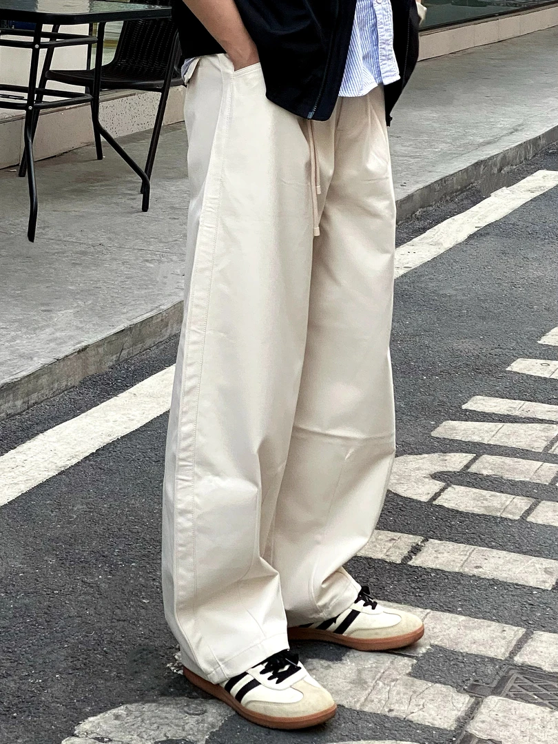 秋季百搭宽松直筒弯刀裤腰带设计感休闲裤白色
