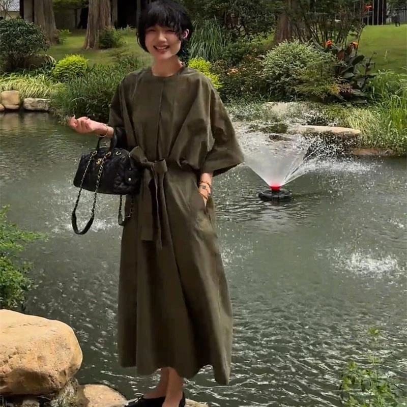 高品质时尚连衣裙女2025早春新款廓形系带收腰五分袖高级感风衣裙