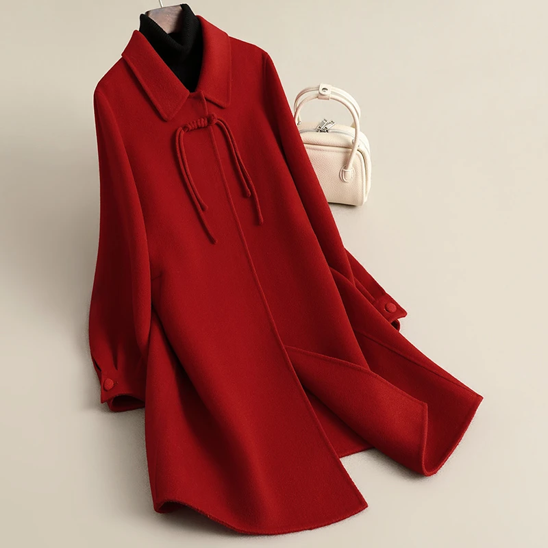 新款国风新中式红色礼服高端收腰双面羊毛大衣毛呢呢子外套女