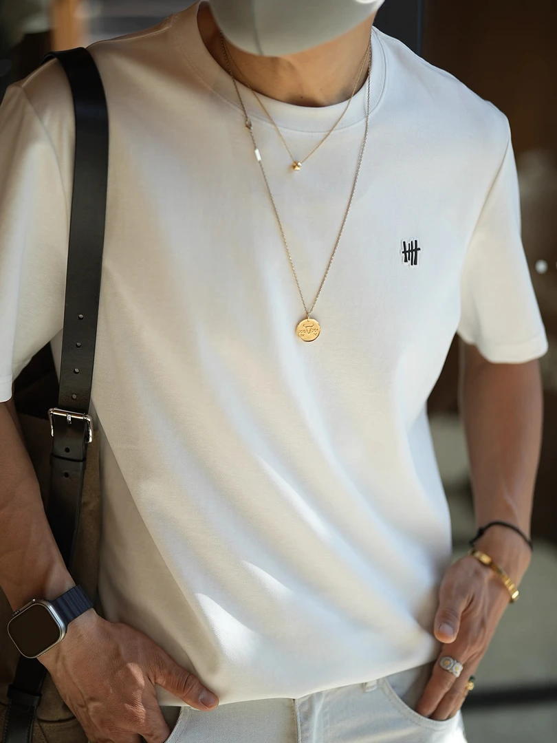 韩版轻奢精致刺绣标圆领短袖T恤男生夏季新款潮牌简约基础款半袖