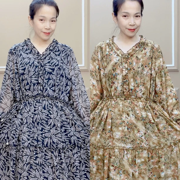 夏季大码碎花木耳领长袖宽松显瘦气质时尚连衣裙