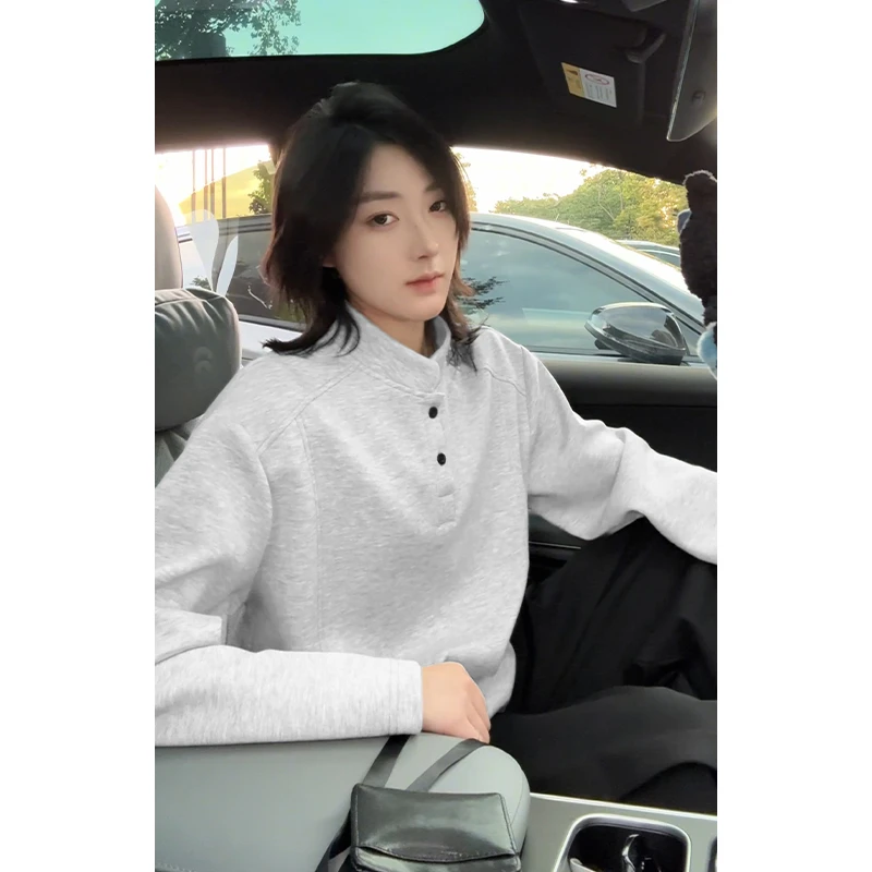 白花灰解构立领卫衣男秋季拼接boxy版型美式正肩长袖t恤打底衫潮