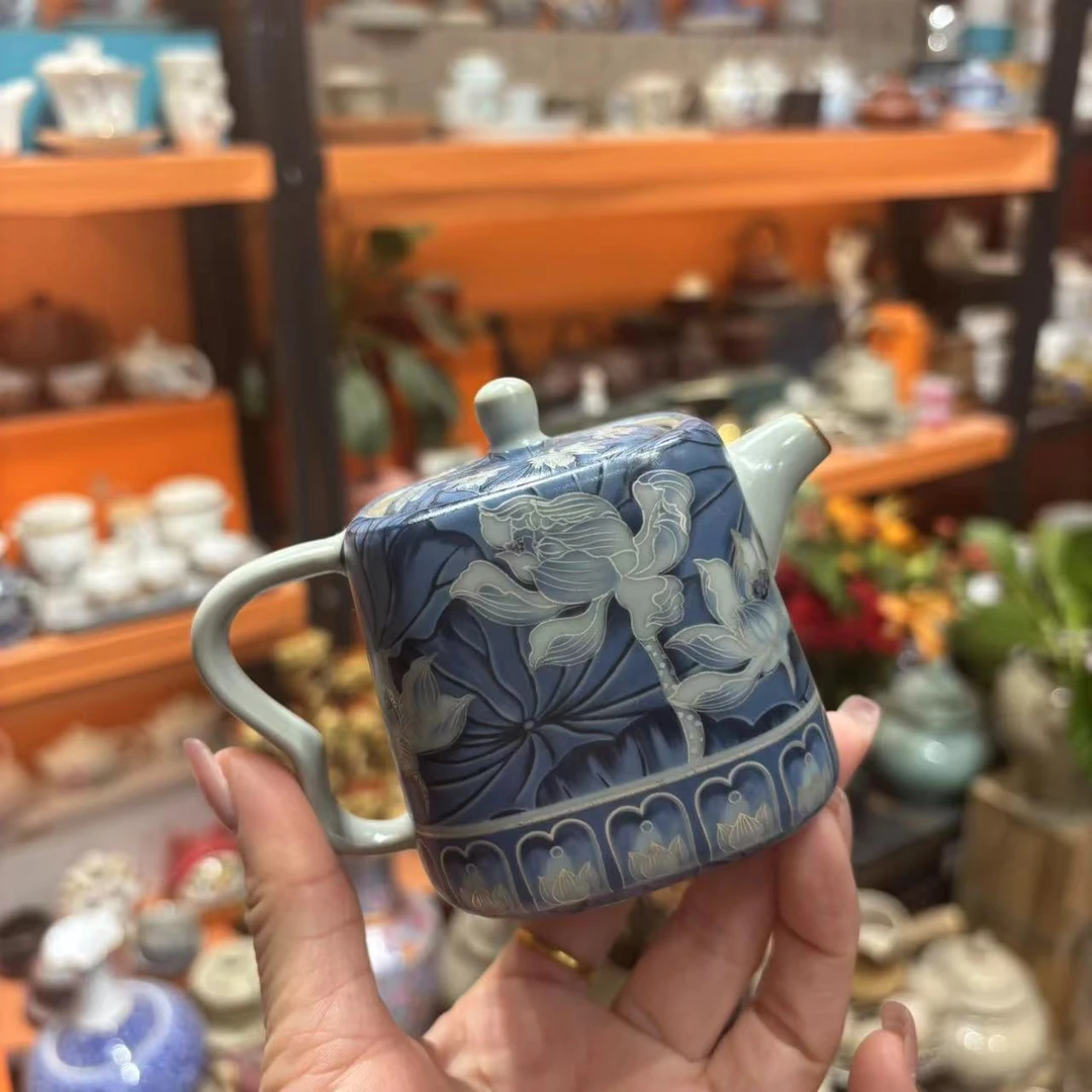 友名 蓝彩荷花四方壶-2954