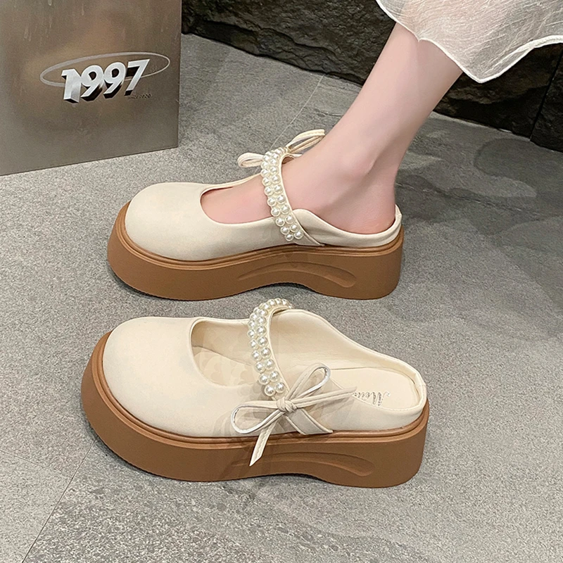 法式蝴蝶结包头半拖鞋女外穿2025新款春夏季厚底配裙子玛丽珍凉拖