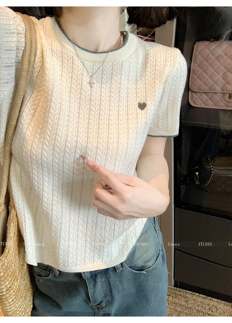 2025夏季女毛针织衫时尚百搭显瘦设计感宽松洋气法式圆领毛针织衫