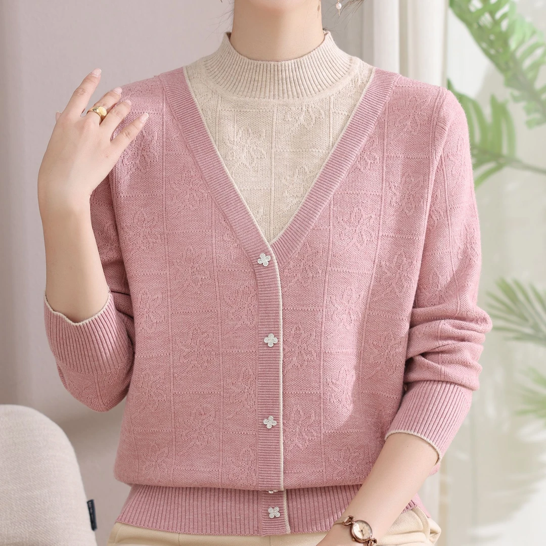 妈妈秋装针织上衣洋气打底小衫中老年女秋冬时尚毛衣气质假两件套