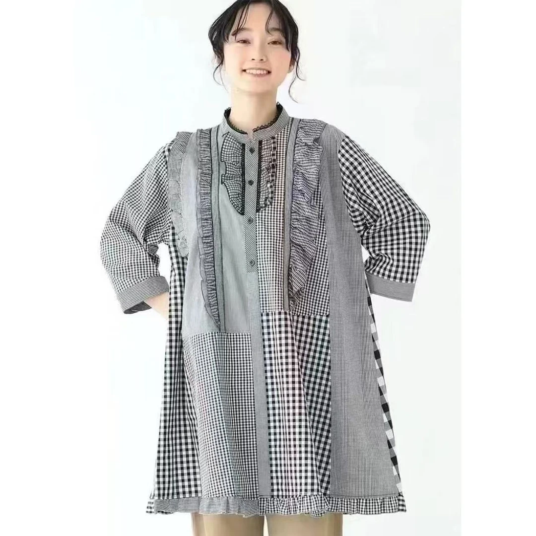 【蓝梦儿严选】复古黑白格撞色 褶皱花边中长款衬衫（25022212）