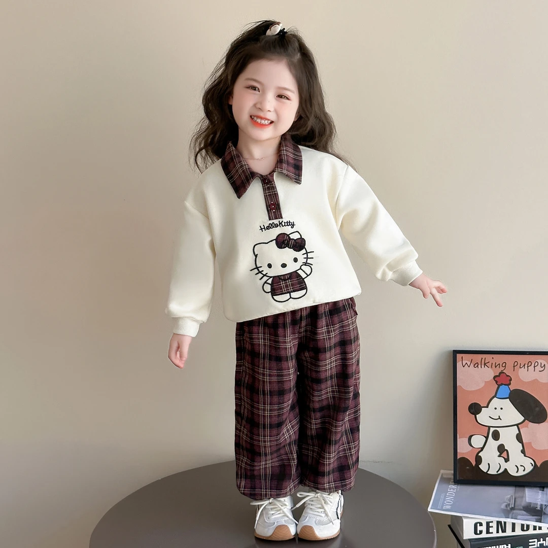 女童卡通Polo卫衣套装洋气儿童春秋季小女孩格子裤休闲两件套宝宝