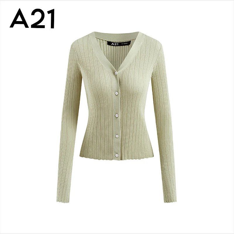 A21女装合体V领长袖开襟毛衫春季新款修身显瘦上衣F451243008