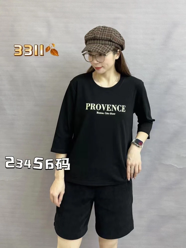 彩衣蝶五分袖圆领法式不起球七分袖T恤休闲时尚印花韩版
