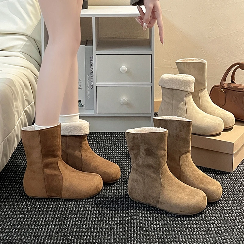 OJRZ复古绒面圆头内增高中筒靴女2025冬季新款短筒雪地靴时装靴女