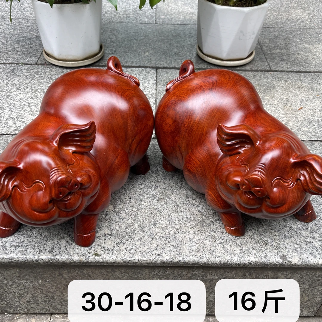 实木雕刻猪摆件、笑口常开对猪摆件