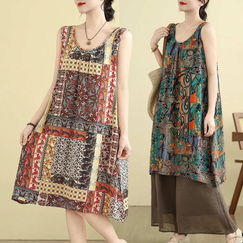 印花圆领背心夏季无袖大码连衣裙民族风套头绵绸中长裙中年妈妈装