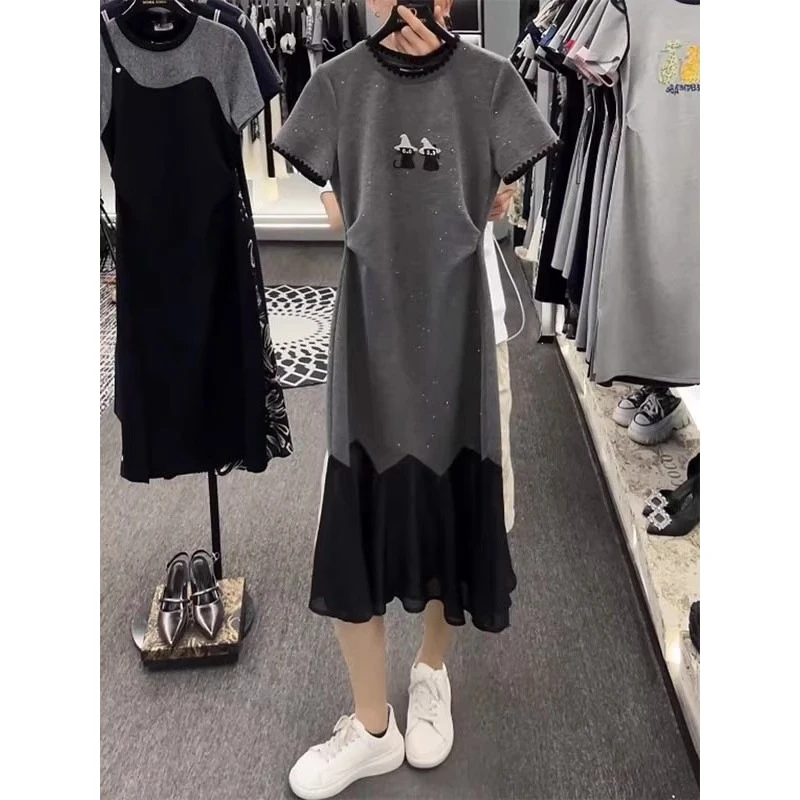 设计感重工亮钻连衣裙女2025年夏季新款拼接褶皱收腰显瘦裙子7407