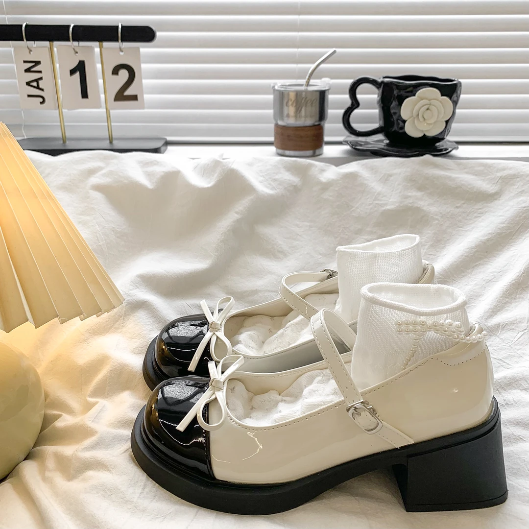 三福法式蝴蝶结拼色小皮鞋女秋季新款圆头小香风粗高跟玛丽珍单鞋