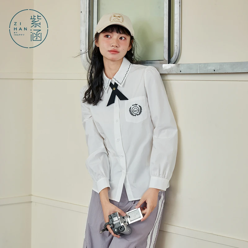 紫涵领结刺绣长袖衬衫2025春季新款学院风内搭翻领衬衣Z5Z01BS209