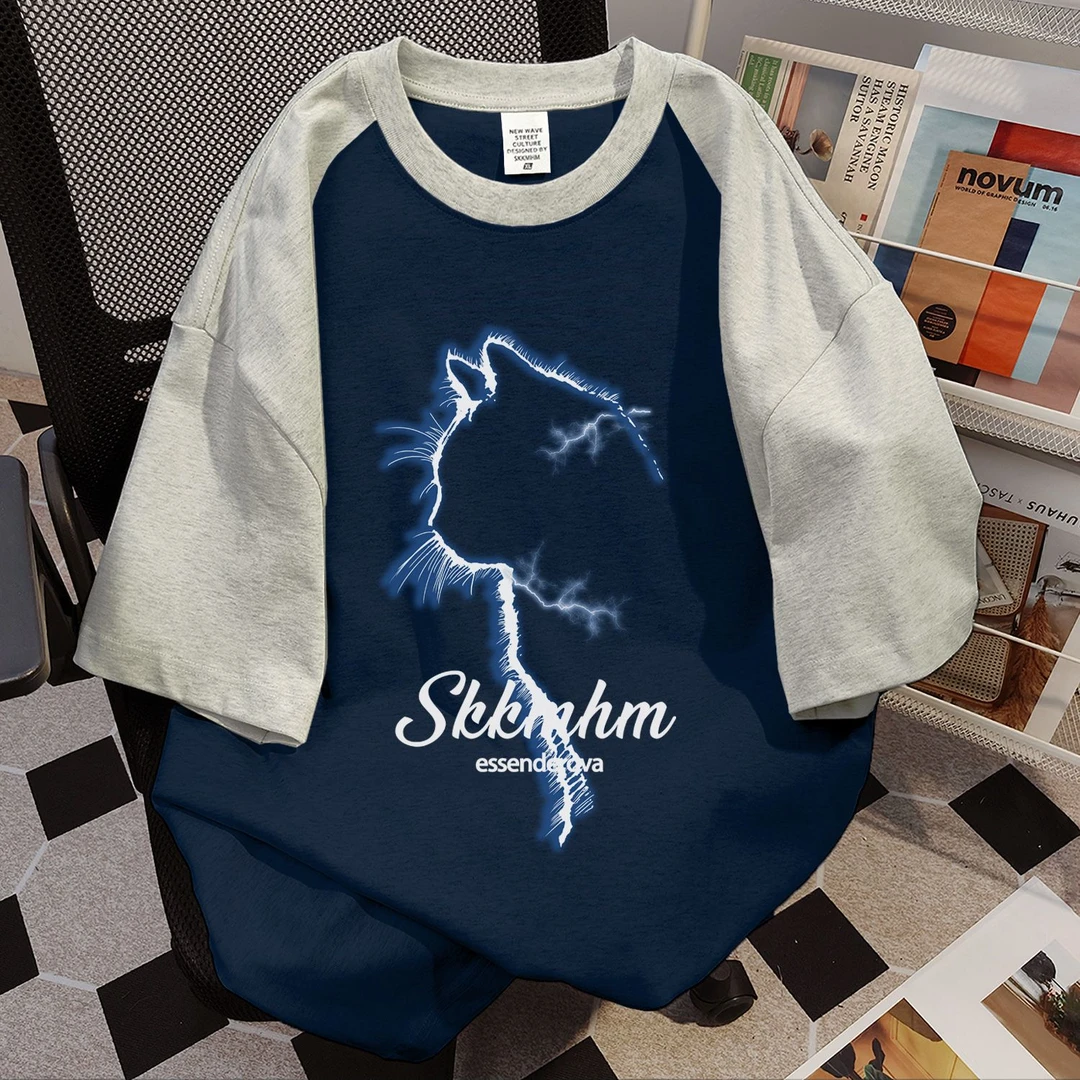 100%纯棉美式设计感猫咪短袖中长款小众宽松t恤夏季情侣款上衣ins