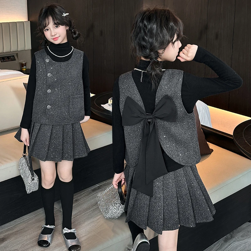 秋季女童小香风套装2025新款洋气儿童马甲百褶短裙三件套秋装韩版