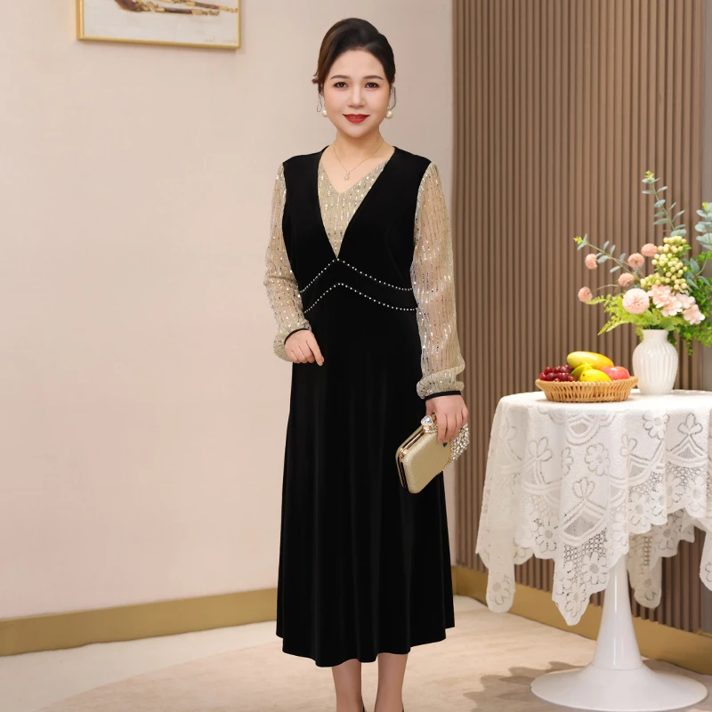 高档气质连衣裙女洋气金丝绒假两件拼接款端庄大气妈妈裙子秋款