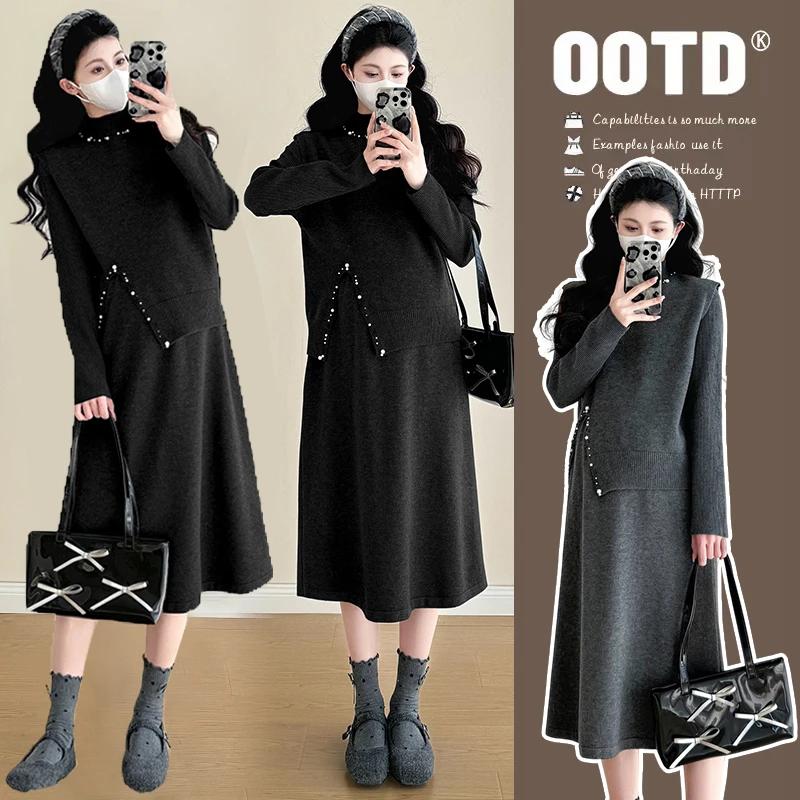 秋季孕妇装时髦洋气秋冬级感钉珠开叉毛衣背心针织连衣裙两件套潮