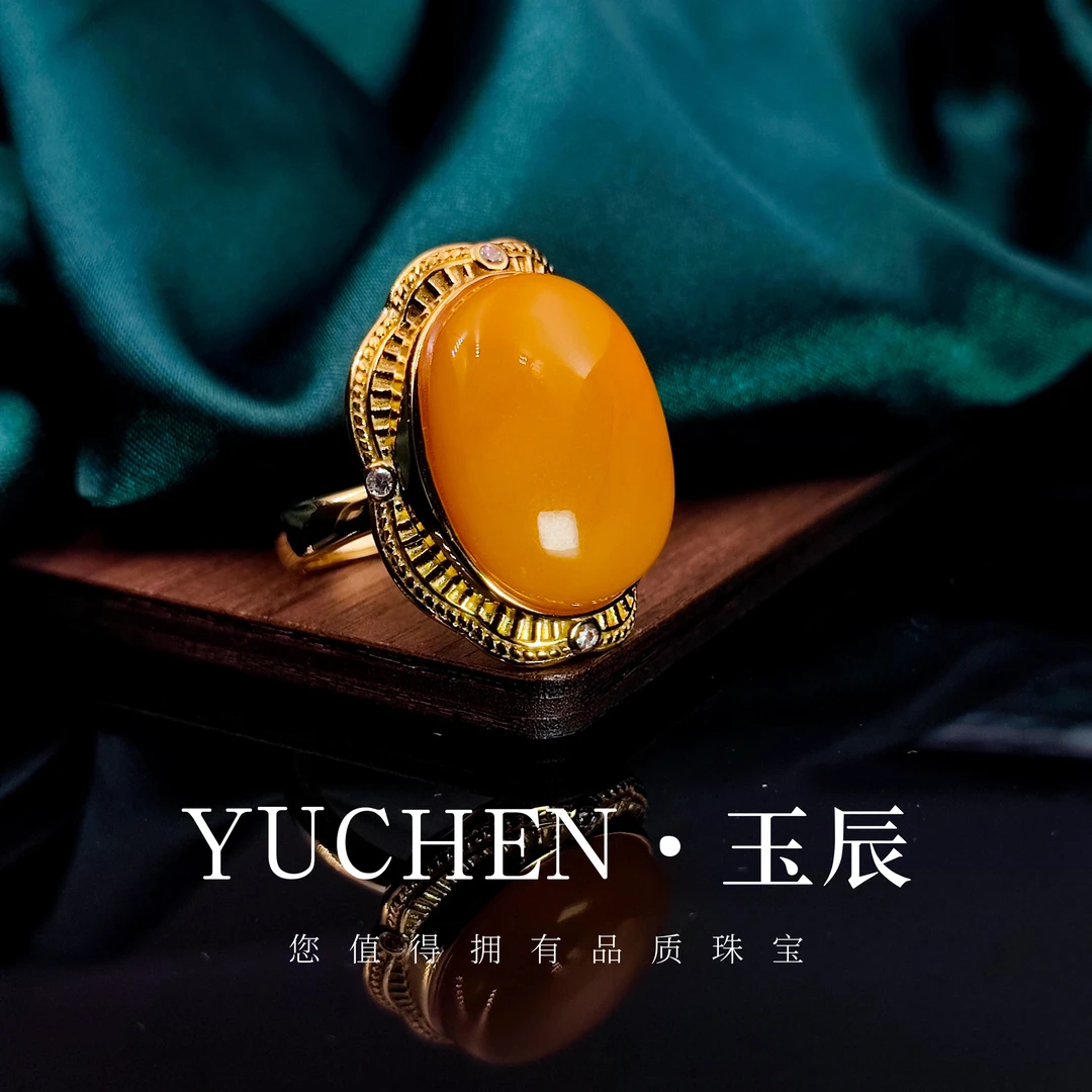 【向阳而生】S925银镶嵌麻花边老蜜蜡大戒指