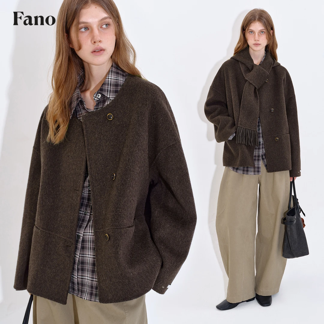 10.8上新 70绵羊毛“可拆卸流苏围巾”两穿双面呢短款大衣FD25W112