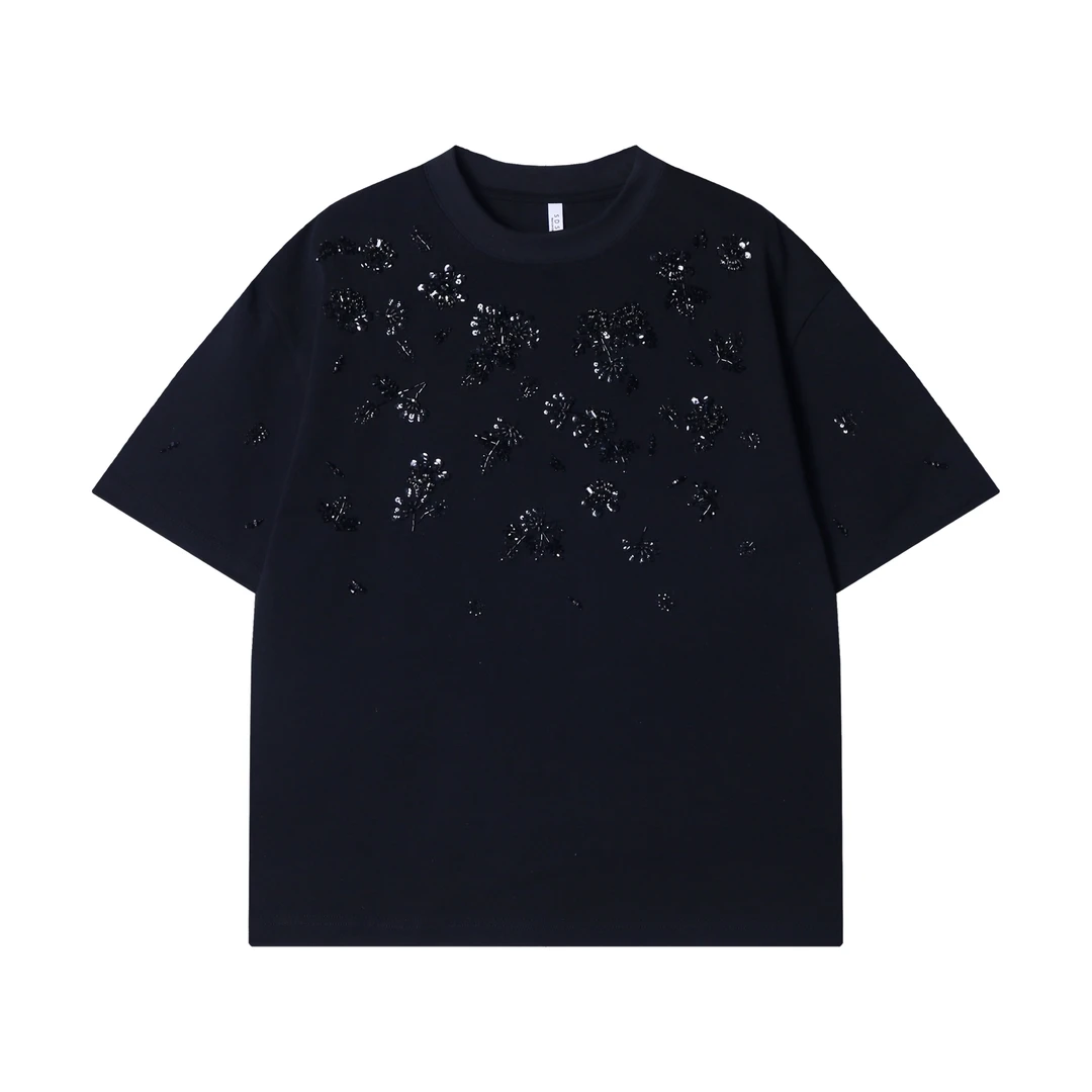 夏季新款时尚个性韩版纯色亮片圆领短袖T恤小众设计高级感上衣