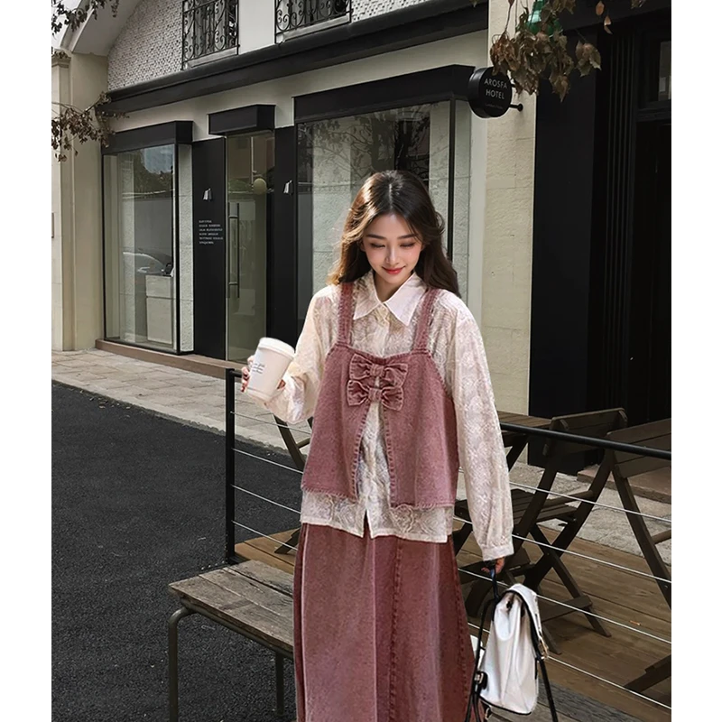 2797大码新款甜美蝴蝶结衬衫+马甲+半身裙三件套