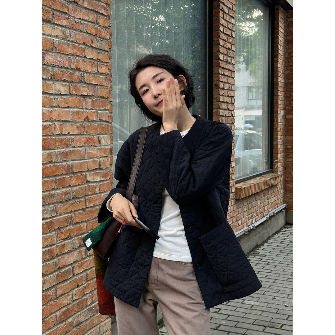 LANGQING 100%棉圆领宽松菱格通勤休闲棉服46234#