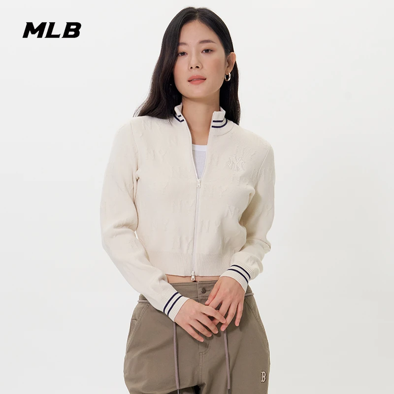 MLB官方女款时尚短款立体暗纹老花针织开衫25秋季新款3FKCM0154