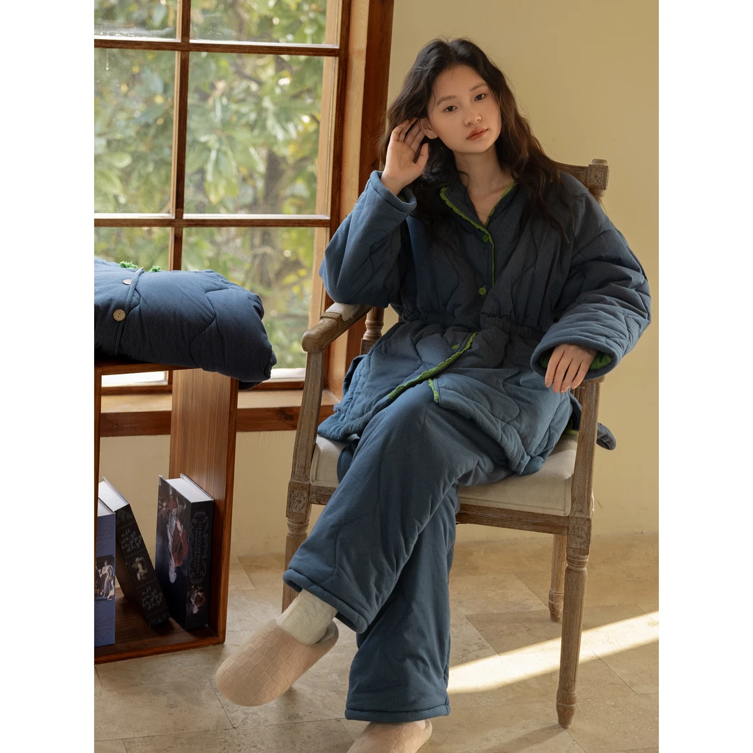 韩系高级感收腰棉服睡衣女冬季新款加厚保暖夹棉家居服套装可外穿