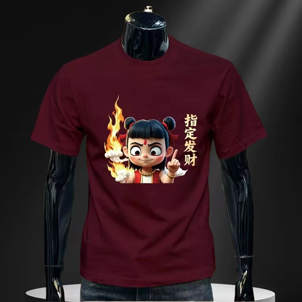 哪吒指定发财2025新款纯棉短袖t恤男夏季休闲帅气圆领半袖上衣潮